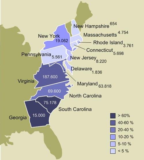 A map of the Thirteen Colonies in 1770, showing number of slaves in each colony and percentage of colony's total population held as slaves.