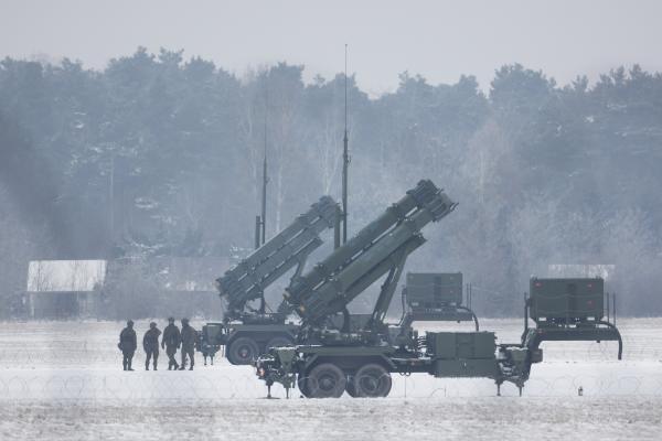 Patriot missile launchers acquired from the U.S. last year are seen deployed in Warsaw, Poland, on Feb. 6, 2023.