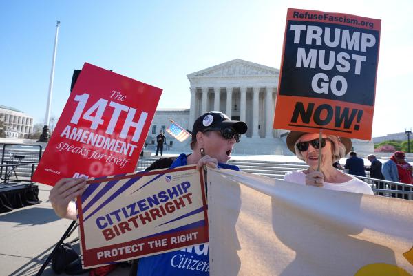 Protesters for birthright citizenship in front of Lincoln Memorial, April 1, 2026.