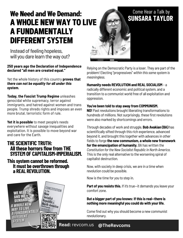 Sunsara Taylor Talk - flyer with space for local information