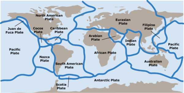 Major and minor tectonic plates that make up Earth's lithosphere. 