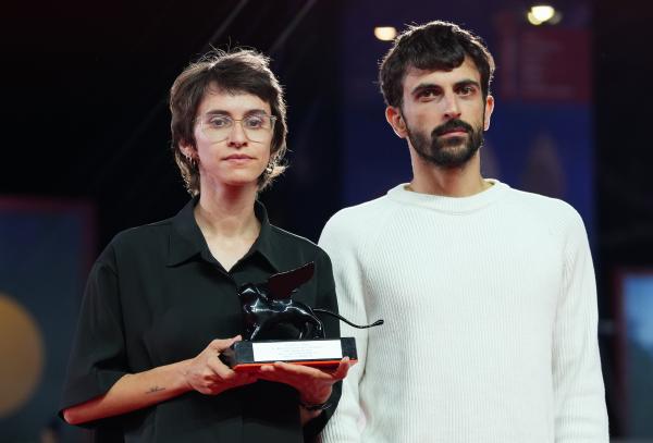 Directors Rachel Szor, left, and Yuval Abraham, winners of the special jury prize for the film NAZA at the Venice Film Festival, September 12, 2026.