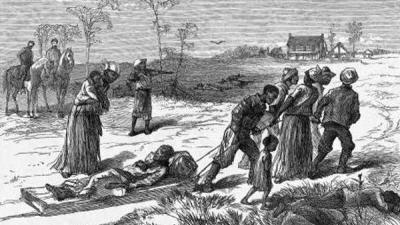 A drawing from Harper’s Weekly depicting Black people collecting the bodies of the murdered after the The Colfax Massacre.