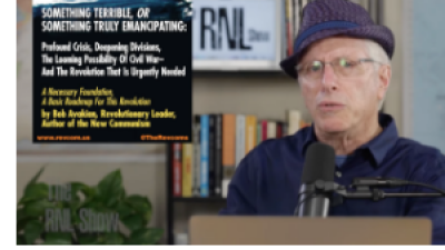 Andy Zee on set of RNL show with poster for SOMETHING TERRIBLE, OR SOMETHING TRULY EMANCIPATING:  Profound Crisis, Deepening Divisions, The Looming Possibility Of Civil War—  And The Revolution That Is Urgently Needed  A Necessary Foundation, A Basic Roadmap For This Revolution  by Bob Avakian, Revolutionary Leader, Author of the New Communism