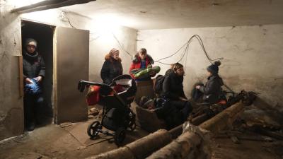 Mariupol, Ukraine. People take shelter from Russian shelling