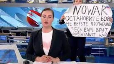 Marina Ovsyannikova, Russian TV editor, courageously protesting the Ukraine invasion on air.