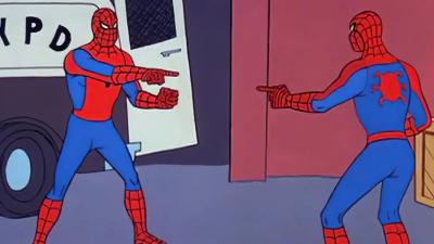 Two spiderman characters pointing at each other, who is the war criminal?