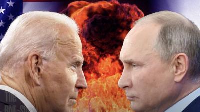 Biden and Putin with nuclear cloud in background
