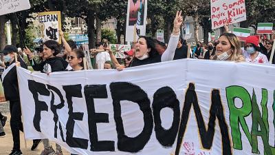 San Francisco protest for Iran with FREEDOM banner.
