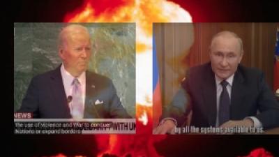 Biden and Putin with nuclear explosion in background