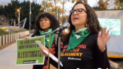 Sunsara Taylor speaking in Los Angeles, December 1, 2022.