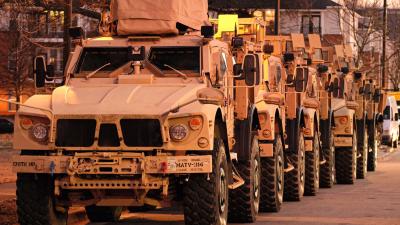 National Guard vehicles lined up