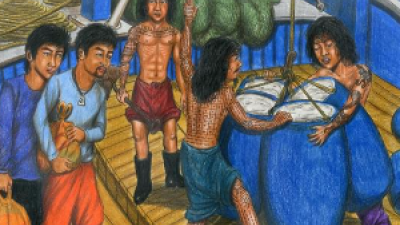 Drawing from the graphic memoir of Prum Vannak Anan, The Dead Eye and the Deep Blue Sea