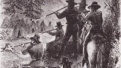 Drawing titled “Protecting the Settlers,” accompanied an 1861 Harper's New Monthly Magazine article that described the mass murder of Yuki people at Round Valley, CA