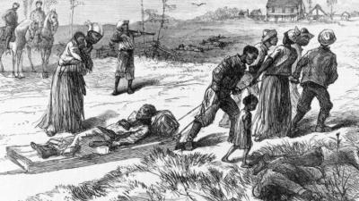 A drawing from Harper’s Weekly depicting Black people collecting the bodies of the murdered after the massacre.