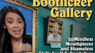 Alexandria Ocasio-Cortez in framed portait in bootlicker gallery