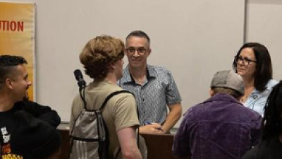 Mingling after Sunsara Taylor’s talk “Woke Lunacy vs Real Revolution” at UCLA, May 24, 2023.