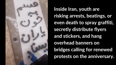 Screengrab from video, inside Iran, youth are risking arrests, beatings, or even death to spray graffiti, secretly distribute flyers and stickers, and hang overhead banners on bridges calling for the renewal protests on the anniversary.