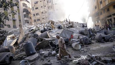 Rubble in Gaza Strip from Israeli air strike, October 7, 2023.