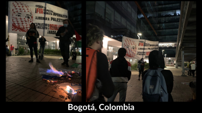 Protest and burning of the Israeli flag in front of the Israeli embassy in Bogotá, Colombia.