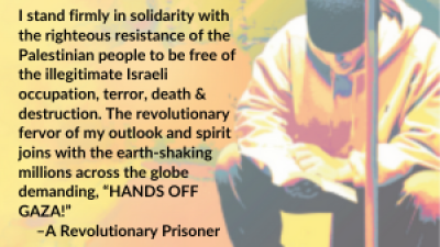I stand firmly in solidarity with the righteous resistance of the Palestinian people to be free of the illegitimate Israeli occupation, terror, death & destruction. The revolutionary fervor of my outlook and spirit joins with the earth-shaking millions across the globe demanding, “HANDS OFF GAZA!” –A Revolutionary Prisoner