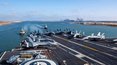 The aircraft carrier Dwight D. Eisenhower transits through the Suez Canal to the Red Sea, November 4, 2023.