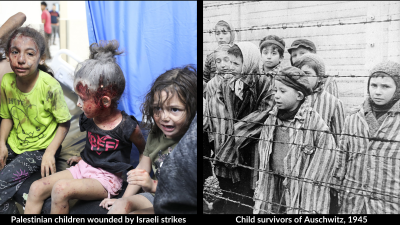 Palestinian children wounded by Israeli strikes; Child survivors of Auschwitz, 1945