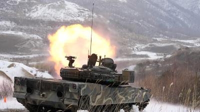 South Korea's K1A2 tank fires during the joint military drill between South Korea and the United States, January 4, 2024.