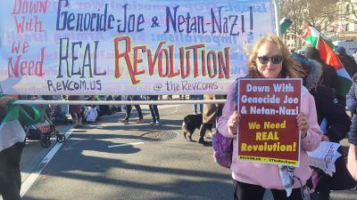Revcoms with banner and poster at March on Washington for Gaza, January 13, 2024.