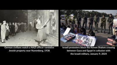 German civilians watch a NAZI officer vandalize Jewish property near Nuremberg, 1938  | Israeli protesters block the Kerem Shalom crossing between Gaza and Egypt in collusion with Israel military, January 9, 2024