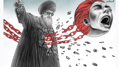 Cartoon titled “Women’s Dance of Freedom” by Shahrokh Heidari @shahrokhart, November 2023. Fire and fury against compulsory hijab continue to ignite in Iran.