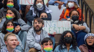 Protesters on stairs