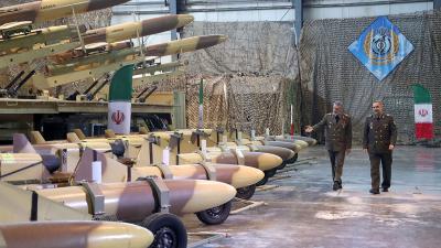 Iranian officials review domestically built drones to be delivered to the army in Iran, January 2024.