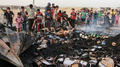 Destruction from Israeli airstrike on displaced persons refuge that killed at least 35 Palestinians including women and children, May 27, 2024.