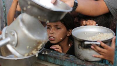 Almost half a million Gazans face starvation because of a catastrophic lack of food. Children desperate for food at Khan Younis, June 16, 2024.