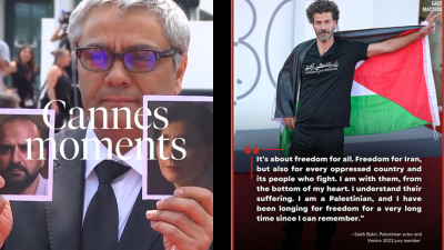 Filmmaker Mohammad Rasoulof at the Cannes Film Festival (left), and Palestinian actor Saleh Bakri in a flash mob protest at the Venice Film Festival (right)