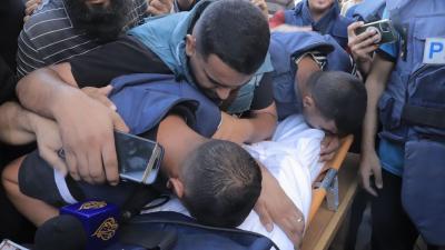 Colleagues bid farewell to Ismail Ghoul and Rami Al-Rifi after they were targeted directly while returning from coverage from Gaza City.