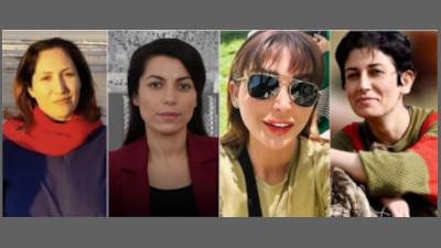 Four women in danger of execution in Iran. Left to right: Sharifeh Mohammadi (labor organizer), Varisheh Moradi (Kurdish activist), Nasim Gholami Simiyari (WLF Uprising protester), Pakhshan Azizi (Kurdish activist and social worker). 20 logos of student organizations endorsing the call to action.