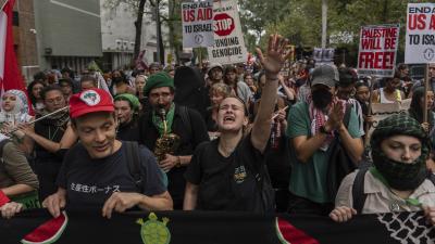 Palestinian supporters march near the United Nations to protest Netanyahu's visit, September 26, 2024.