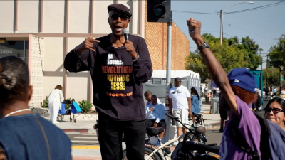 RevCom Joe Veale agitates at the Taste of Soul Festival, LA, October 19, 2024.