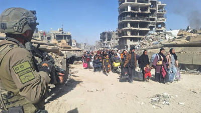 Gazans fleeing; IDF soldier & tank