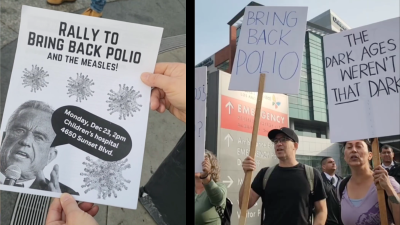 Revcoms perform ‘Pro-RFK & Anti-Vax’ satirical (but deadly serious!) action in front of Los Angeles Children’s Hospital!