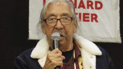 Leonard Peltier speaks to the welcome crowd at a resort near Belcourt, N.D., on the Turtle Mountain Reservation.