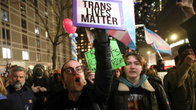 Protesters at NYU Langone demand gender-affirming care for transgender youth, February 3, 2025.