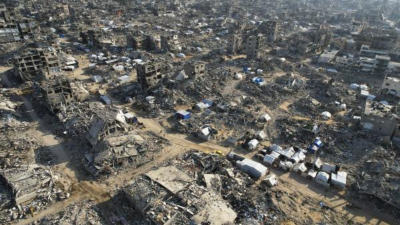 A drone view of Beit Lahiya in northern Gaza Strip shows a hellscape of rubble and obliteration from Israeli air and ground offensive.     