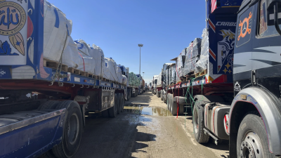 Israeli Prime Minister Netanyahu ordered the Israeli military halt all humanitarian relief coming into Gaza.  Trucks line up at Egypt crossing, March 2, 2025.