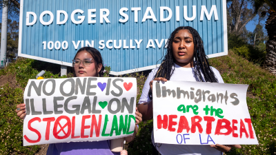 Protesting ICE raids outside Dodgers Stadium, June 19, 2025.