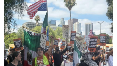 150 people took to the streets of Los Angeles in a defiant and boisterous  “March for Humanity,” July 26, 2026.