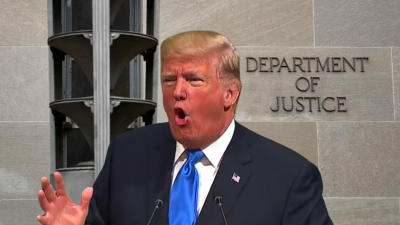 Trump in front of DOJ building “Trump Dept of Justice”