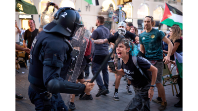 Protesters in Barcelona, Spain, rally in solidarity with the Global Sumud Flotilla after Israel seized the ships and detained 462 activists.
